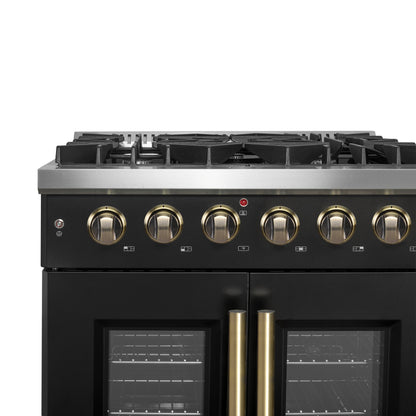 Forno Galiano 30-inch French Door Gas Range Black and Antique Brass Design, 5 Sealed Burners 68,000 BTU,  4.32 cu.ft. Convection Oven - Forno Appliances
