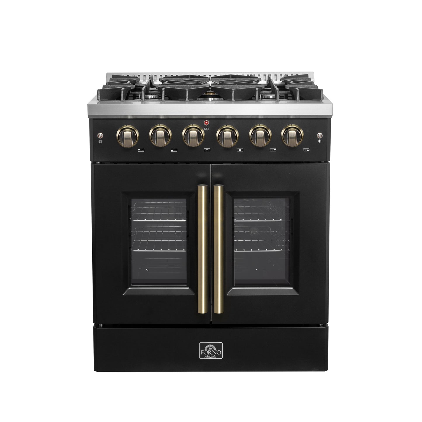 Forno Galiano 30-inch French Door Gas Range Black and Antique Brass Design, 5 Sealed Burners 68,000 BTU,  4.32 cu.ft. Convection Oven - Forno Appliances
