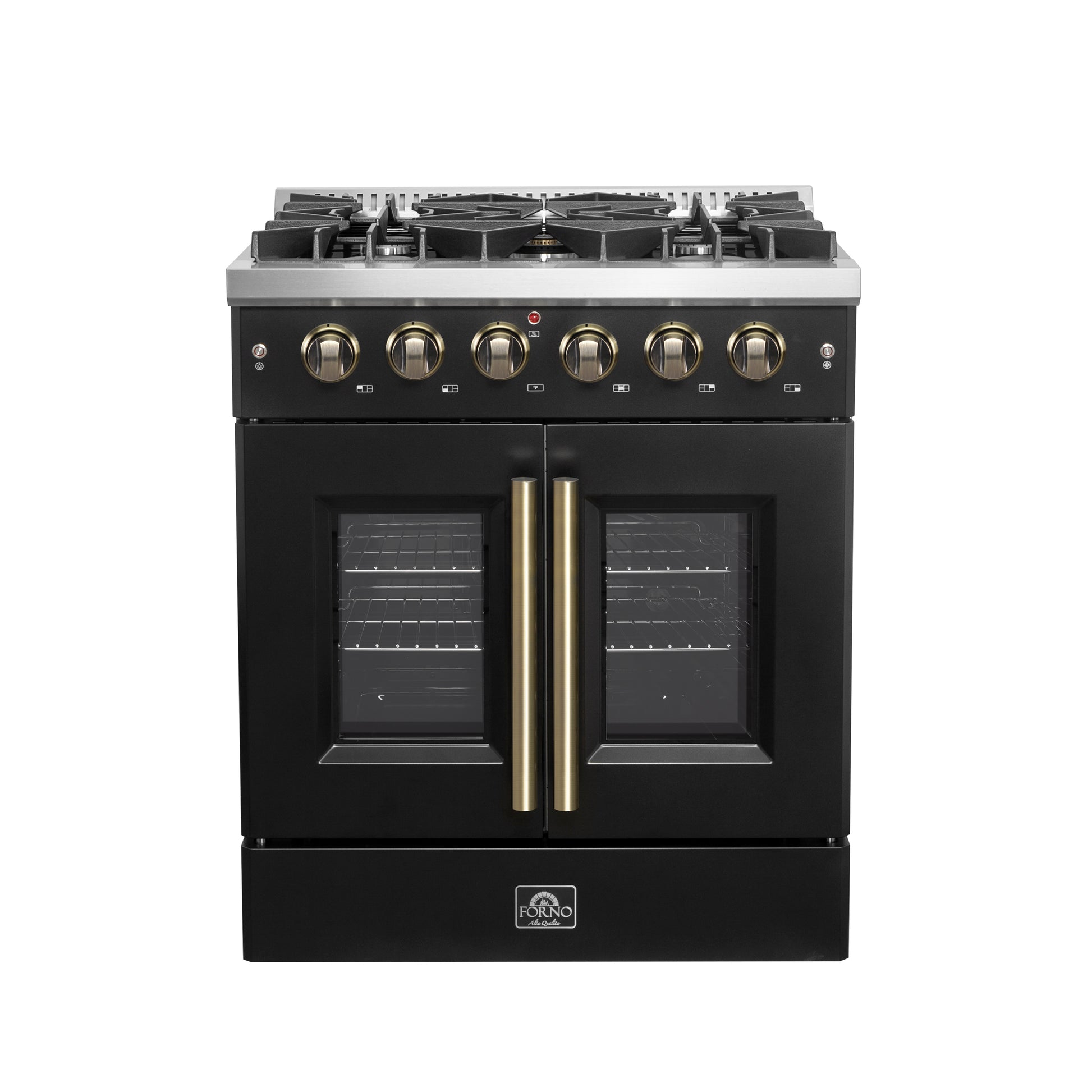 Forno Galiano 30-inch French Door Gas Range Black and Antique Brass Design, 5 Sealed Burners 68,000 BTU,  4.32 cu.ft. Convection Oven - Forno Appliances