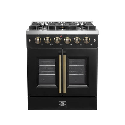 Forno Galiano 30-inch French Door Gas Range Black and Antique Brass Design, 5 Sealed Burners 68,000 BTU,  4.32 cu.ft. Convection Oven - Forno Appliances