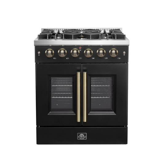 Forno Galiano 30-inch French Door Gas Range Black and Antique Brass Design, 5 Sealed Burners 68,000 BTU,  4.32 cu.ft. Convection Oven - Forno Appliances