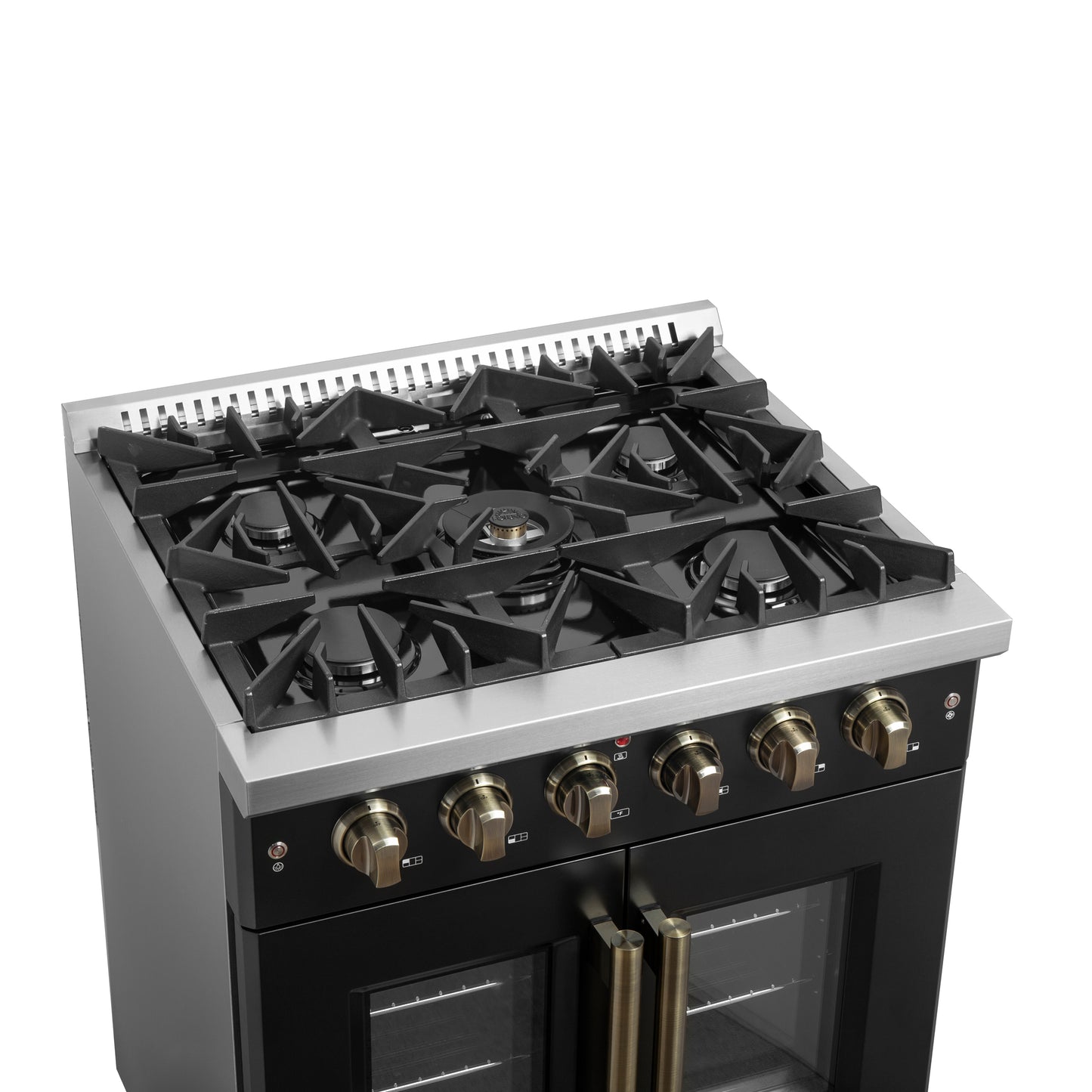 Forno Galiano 30-inch French Door Gas Range Black and Antique Brass Design, 5 Sealed Burners 68,000 BTU,  4.32 cu.ft. Convection Oven - Forno Appliances
