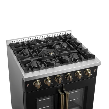 Forno Galiano 30-inch French Door Gas Range Black and Antique Brass Design, 5 Sealed Burners 68,000 BTU,  4.32 cu.ft. Convection Oven - Forno Appliances