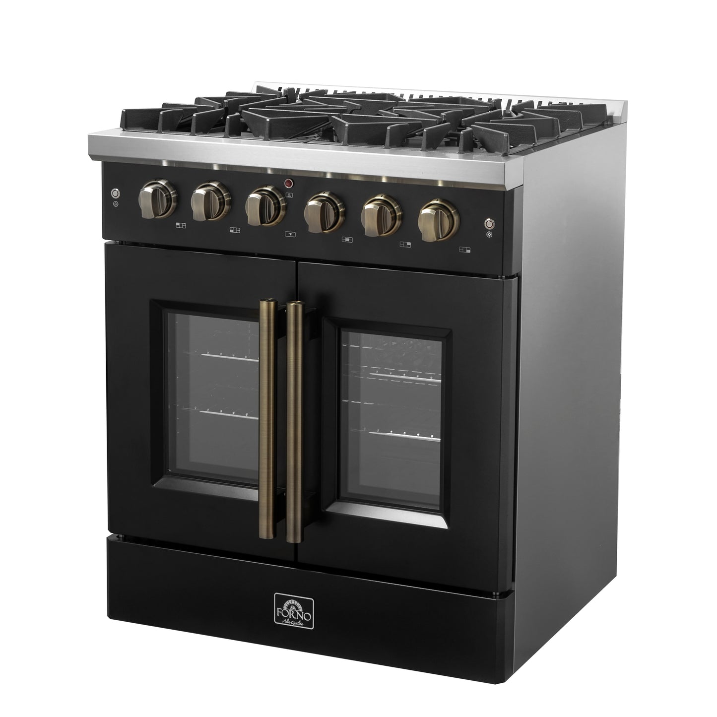 Forno Galiano 30-inch French Door Gas Range Black and Antique Brass Design, 5 Sealed Burners 68,000 BTU,  4.32 cu.ft. Convection Oven - Forno Appliances