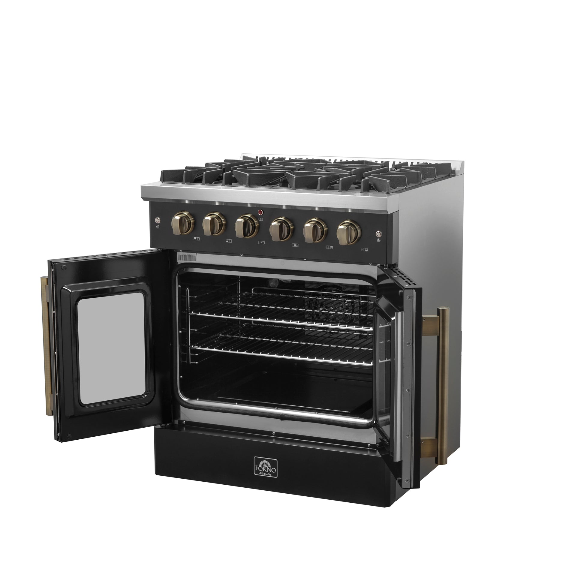 Forno Galiano 30-inch French Door Gas Range Black and Antique Brass Design, 5 Sealed Burners 68,000 BTU,  4.32 cu.ft. Convection Oven - Forno Appliances