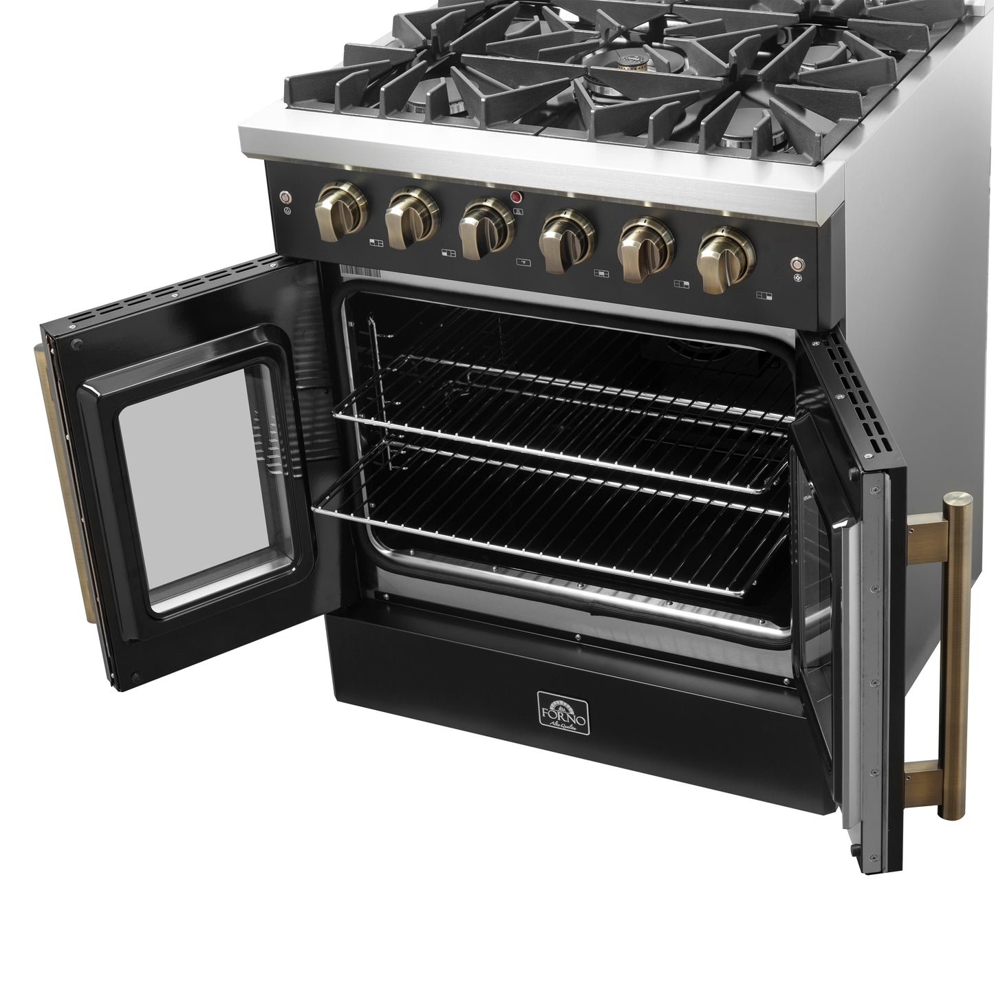 Forno Galiano 30-inch French Door Gas Range Black and Antique Brass Design, 5 Sealed Burners 68,000 BTU,  4.32 cu.ft. Convection Oven - Forno Appliances