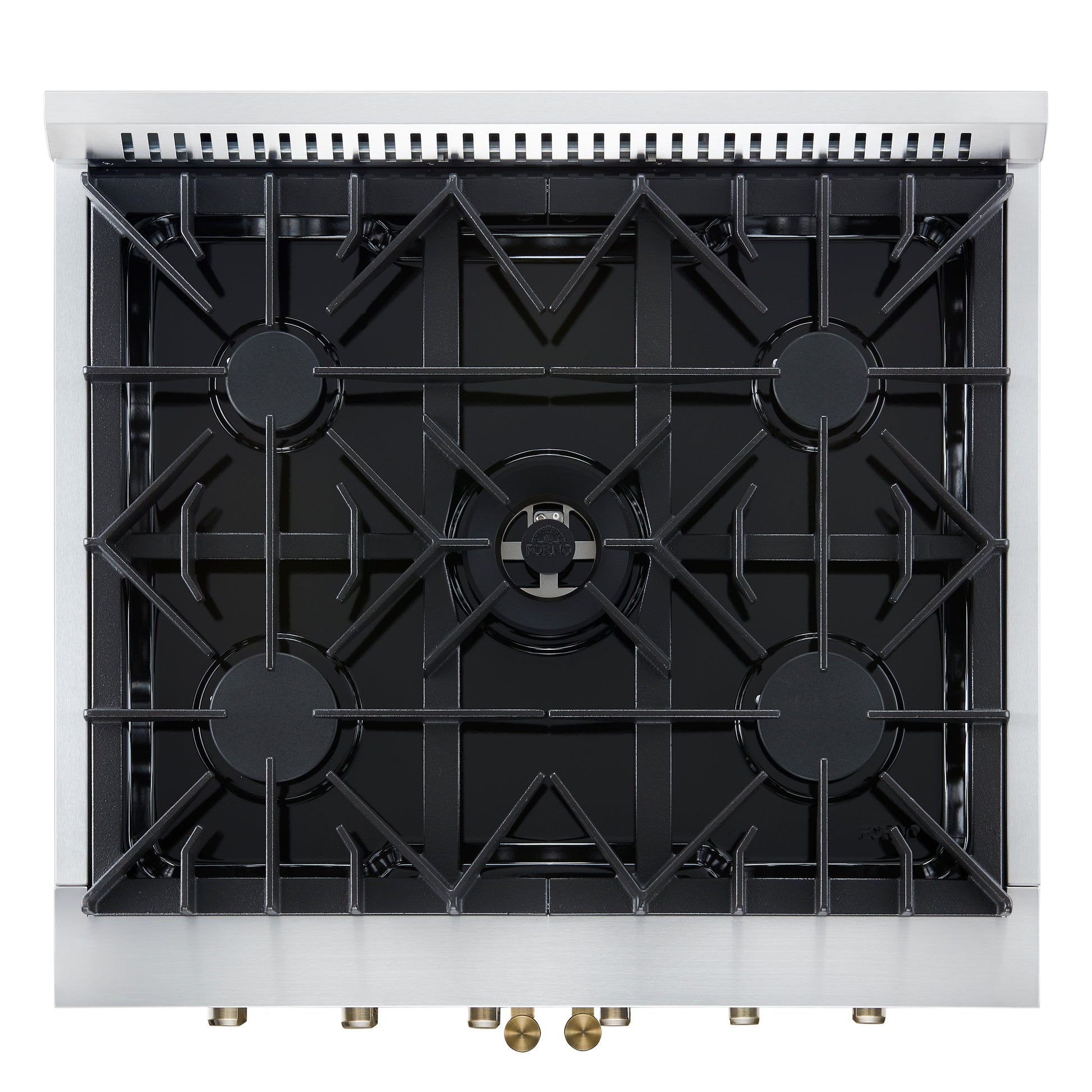 Forno Galiano 30-inch French Door Gas Range
White with Antique Brass Design, 5 Burners,
68,000 BTU, 4.32 cu.ft. Convection Oven - Forno Appliances