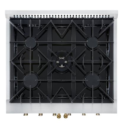 Forno Galiano 30-inch French Door Gas Range
White with Antique Brass Design, 5 Burners,
68,000 BTU, 4.32 cu.ft. Convection Oven - Forno Appliances