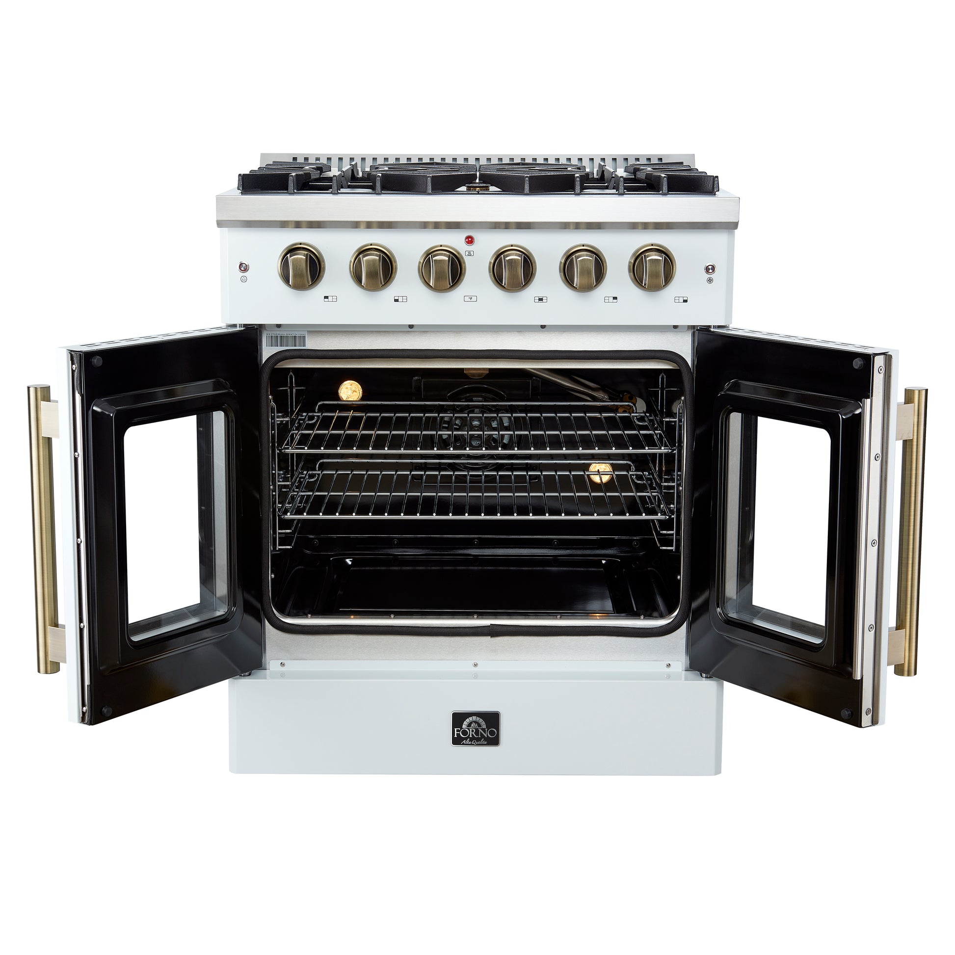 Forno Galiano 30-inch French Door Gas Range
White with Antique Brass Design, 5 Burners,
68,000 BTU, 4.32 cu.ft. Convection Oven - Forno Appliances