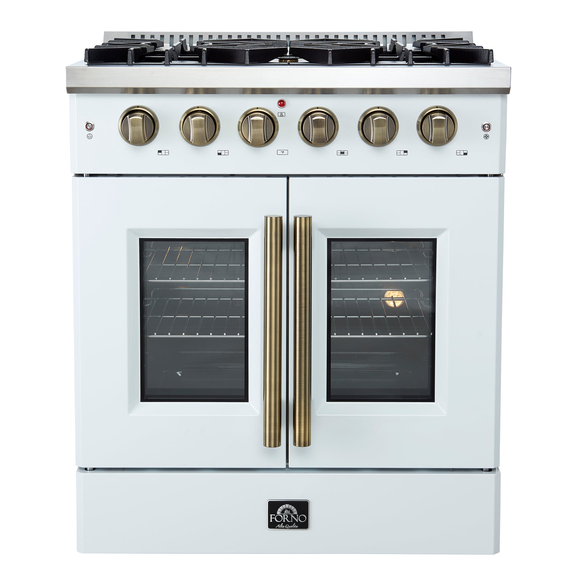 Forno Galiano 30-inch French Door Gas Range
White with Antique Brass Design, 5 Burners,
68,000 BTU, 4.32 cu.ft. Convection Oven - Forno Appliances