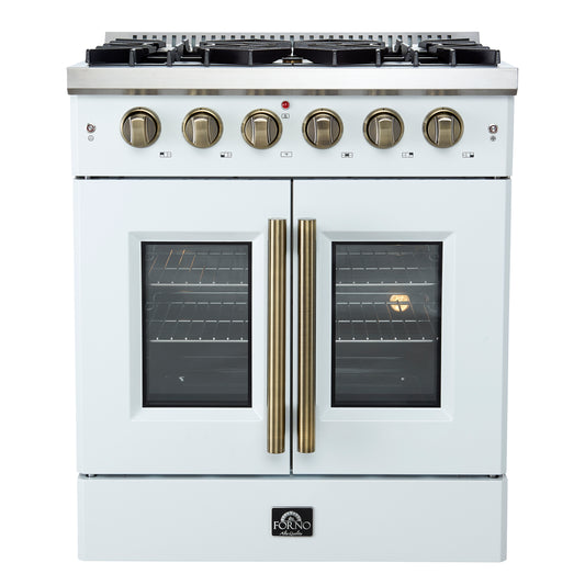 Forno Galiano 30-inch French Door Gas Range
White with Antique Brass Design, 5 Burners,
68,000 BTU, 4.32 cu.ft. Convection Oven - Forno Appliances