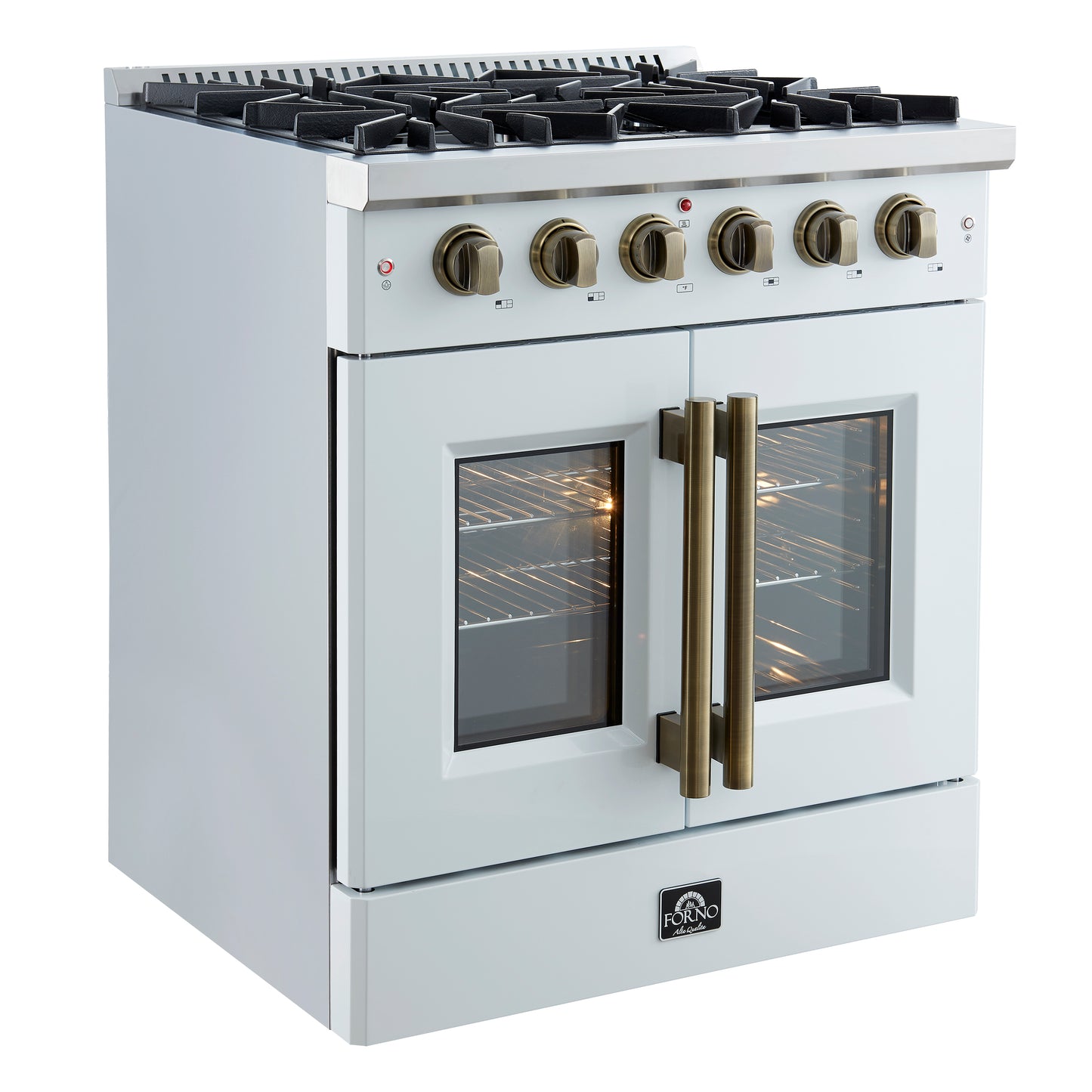 Forno Galiano 30-inch French Door Gas Range
White with Antique Brass Design, 5 Burners,
68,000 BTU, 4.32 cu.ft. Convection Oven - Forno Appliances