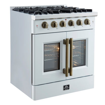 Forno Galiano 30-inch French Door Gas Range
White with Antique Brass Design, 5 Burners,
68,000 BTU, 4.32 cu.ft. Convection Oven - Forno Appliances
