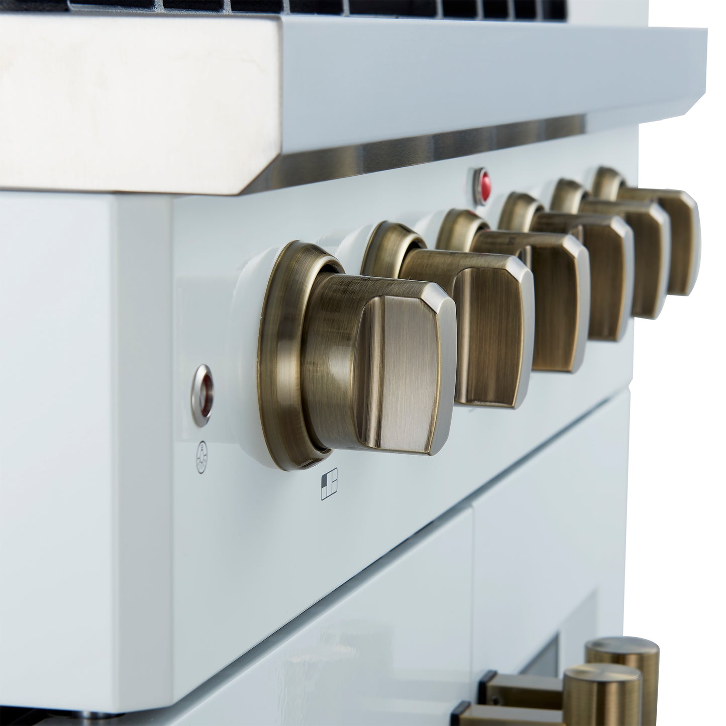 Forno Galiano 30-inch French Door Gas Range
White with Antique Brass Design, 5 Burners,
68,000 BTU, 4.32 cu.ft. Convection Oven - Forno Appliances