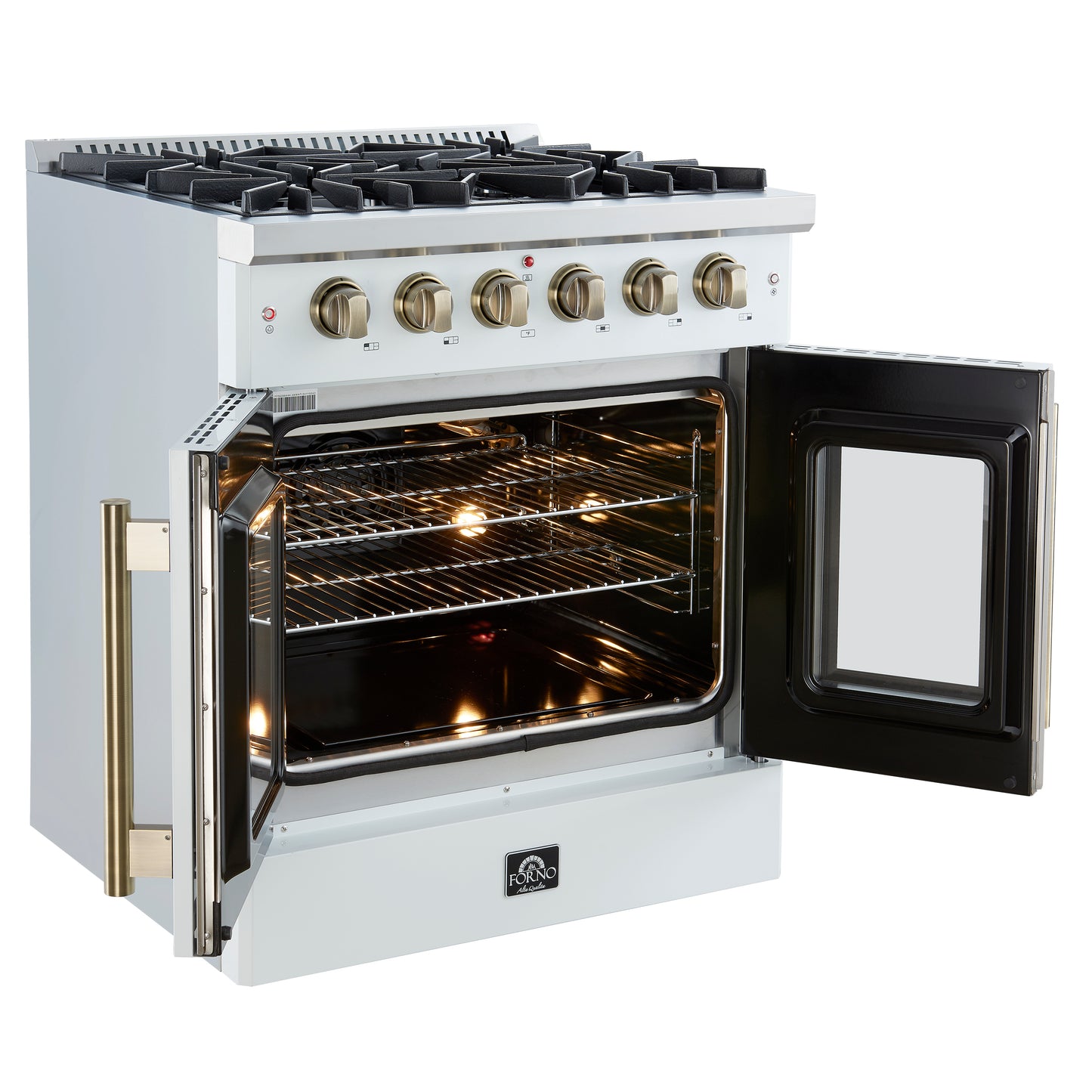 Forno Galiano 30-inch French Door Gas Range
White with Antique Brass Design, 5 Burners,
68,000 BTU, 4.32 cu.ft. Convection Oven - Forno Appliances