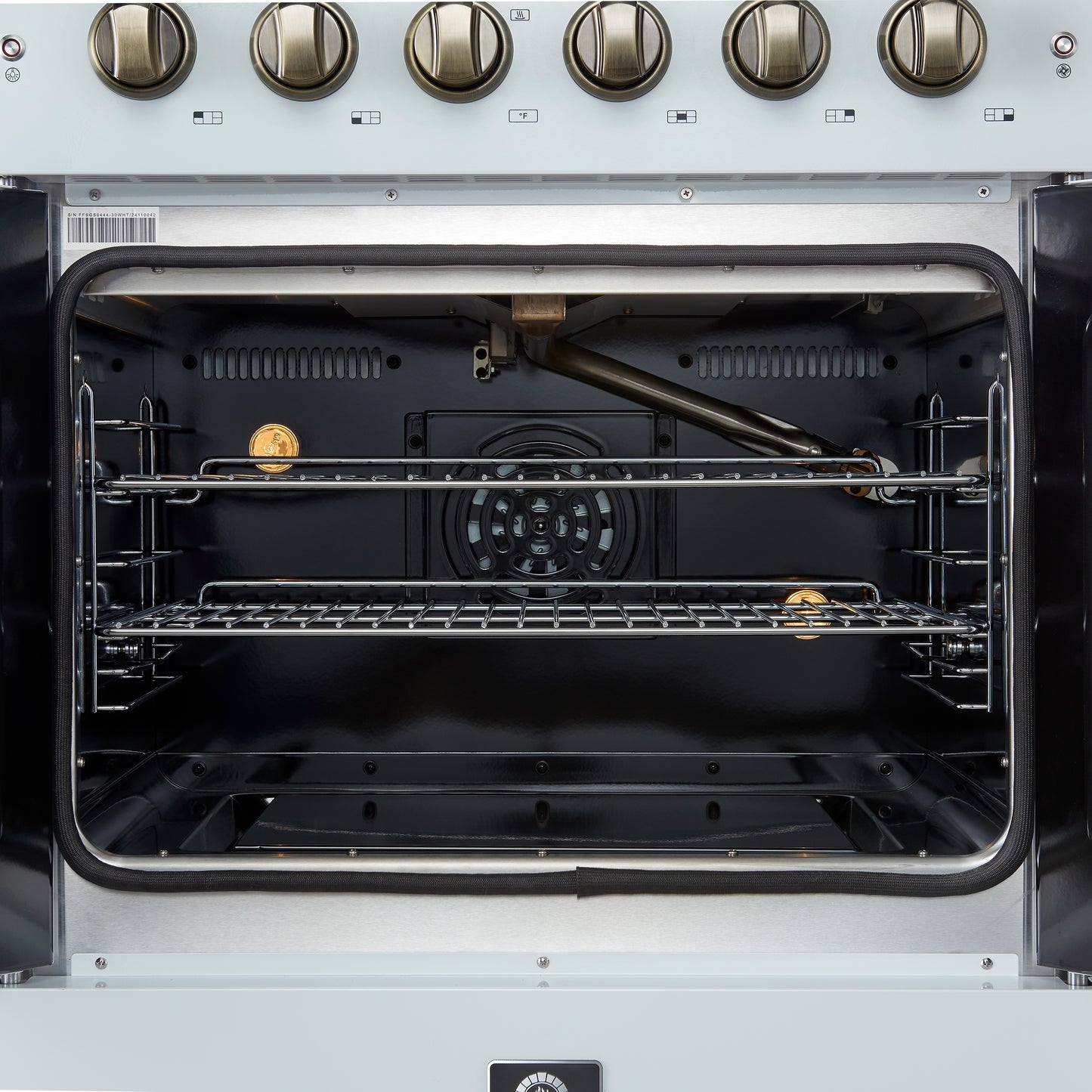 Forno Galiano 30-inch French Door Gas Range
White with Antique Brass Design, 5 Burners,
68,000 BTU, 4.32 cu.ft. Convection Oven - Forno Appliances