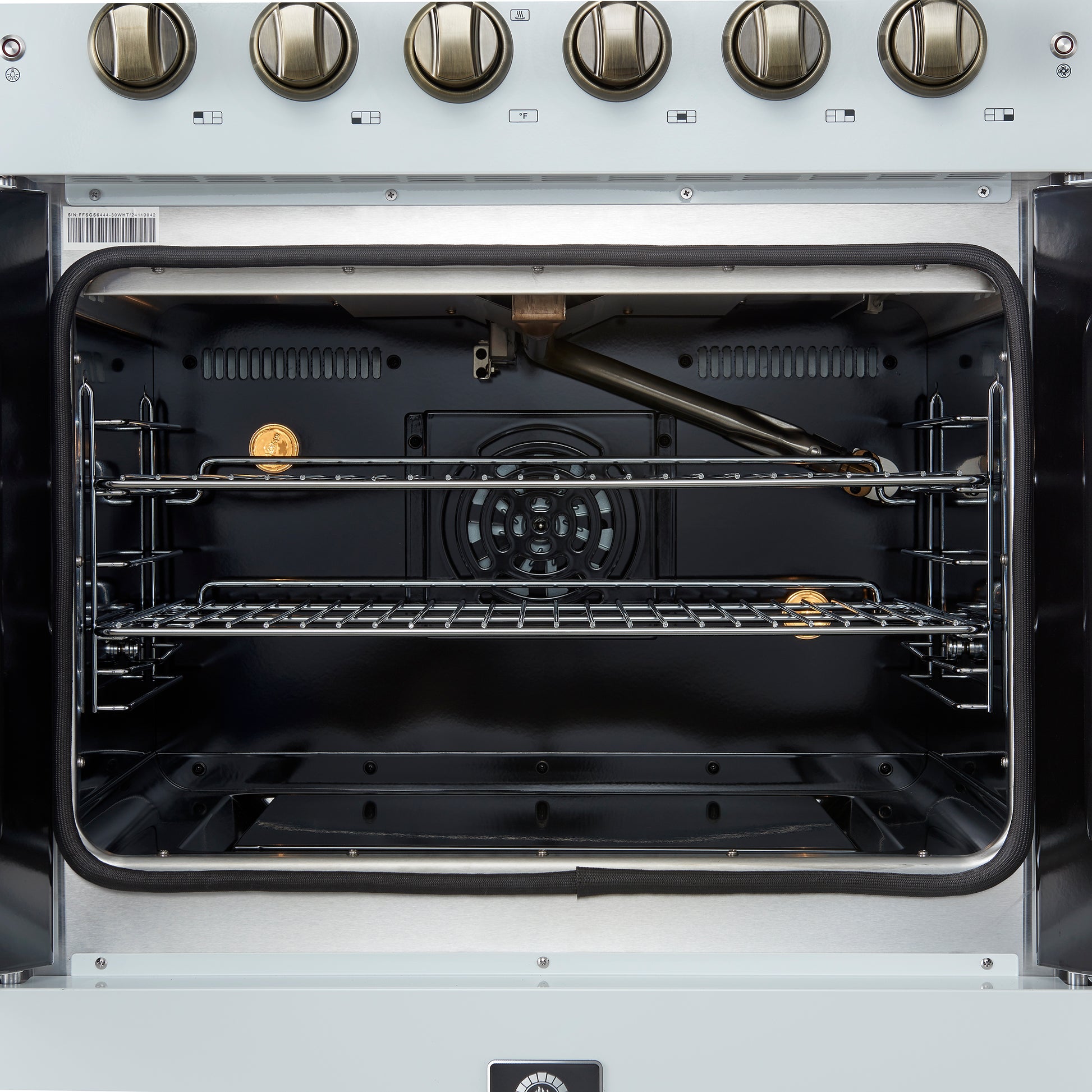 Forno Galiano 30-inch French Door Gas Range
White with Antique Brass Design, 5 Burners,
68,000 BTU, 4.32 cu.ft. Convection Oven - Forno Appliances