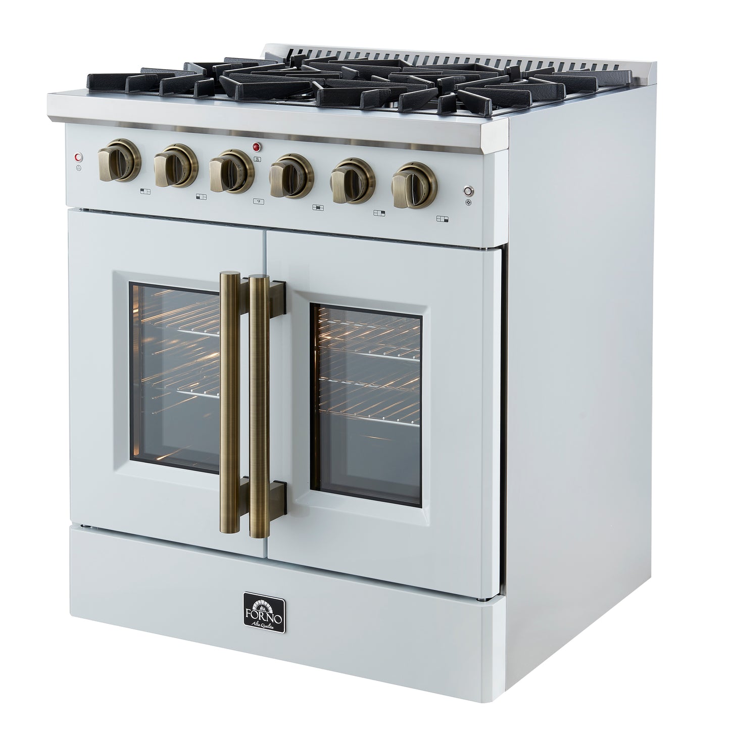 Forno Galiano 30-inch French Door Gas Range
White with Antique Brass Design, 5 Burners,
68,000 BTU, 4.32 cu.ft. Convection Oven - Forno Appliances