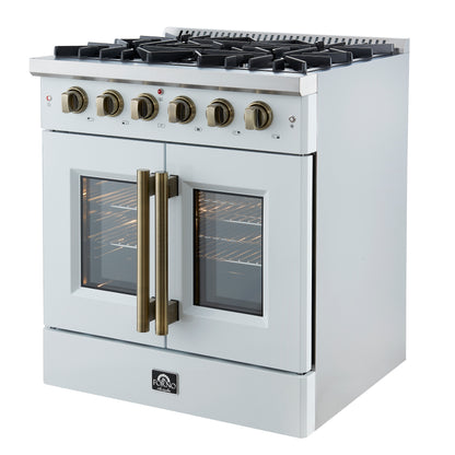 Forno Galiano 30-inch French Door Gas Range
White with Antique Brass Design, 5 Burners,
68,000 BTU, 4.32 cu.ft. Convection Oven - Forno Appliances