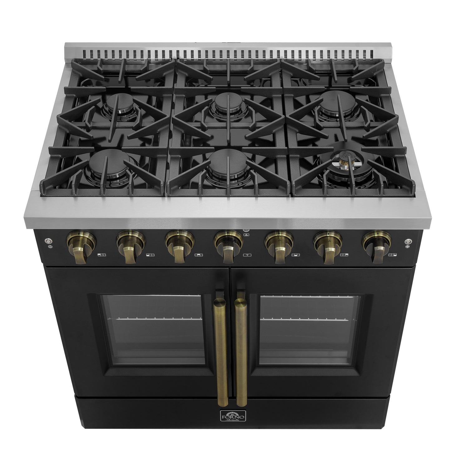 Forno Galiano 36-inch French Door Gas Range Black and Antique Brass Design, 6 Sealed Burners 83,000 BTU, 5.36 cu.ft. Convection Oven - Forno Appliances
