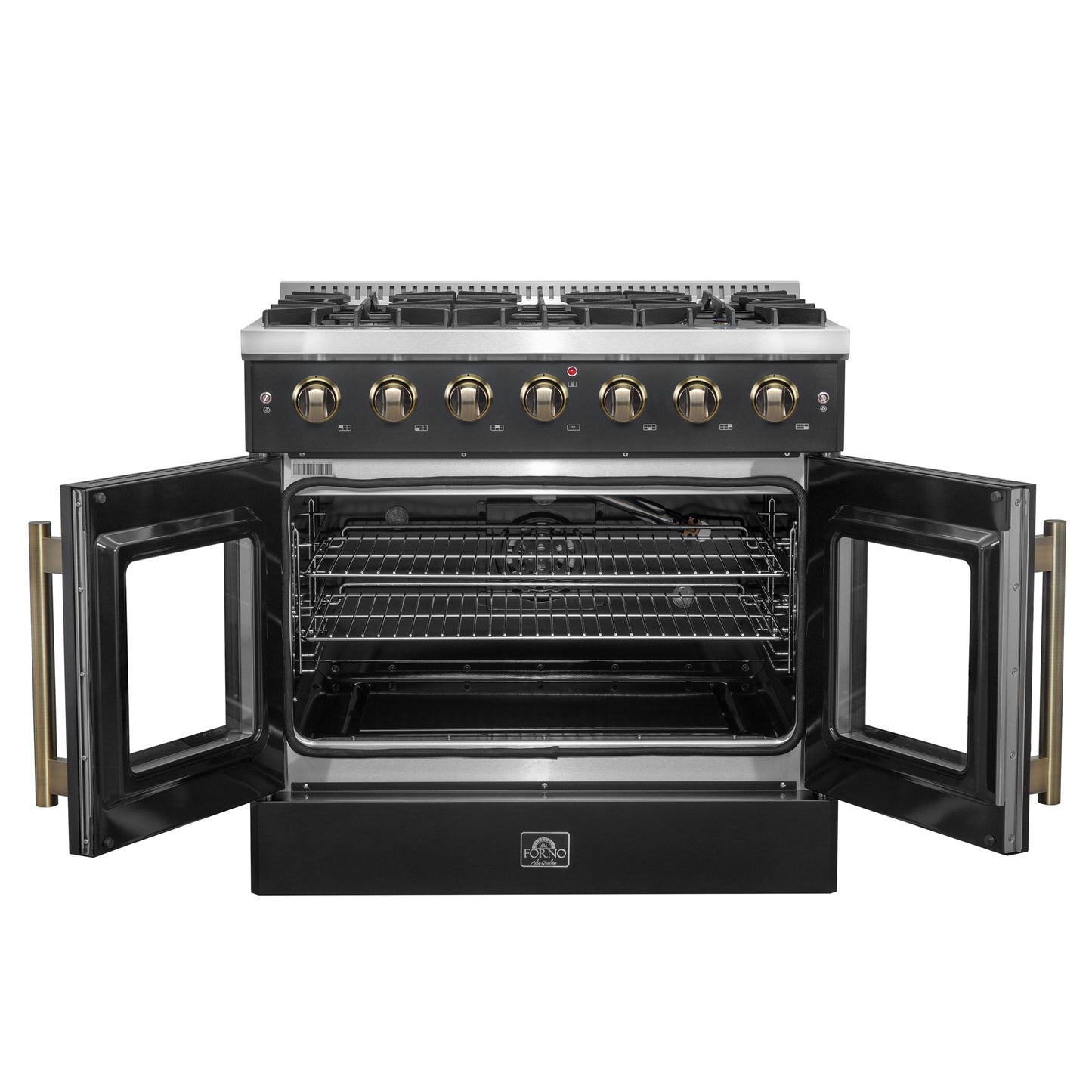 Forno Galiano 36-inch French Door Gas Range Black and Antique Brass Design, 6 Sealed Burners 83,000 BTU, 5.36 cu.ft. Convection Oven - Forno Appliances