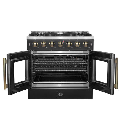 Forno Galiano 36-inch French Door Gas Range Black and Antique Brass Design, 6 Sealed Burners 83,000 BTU, 5.36 cu.ft. Convection Oven - Forno Appliances
