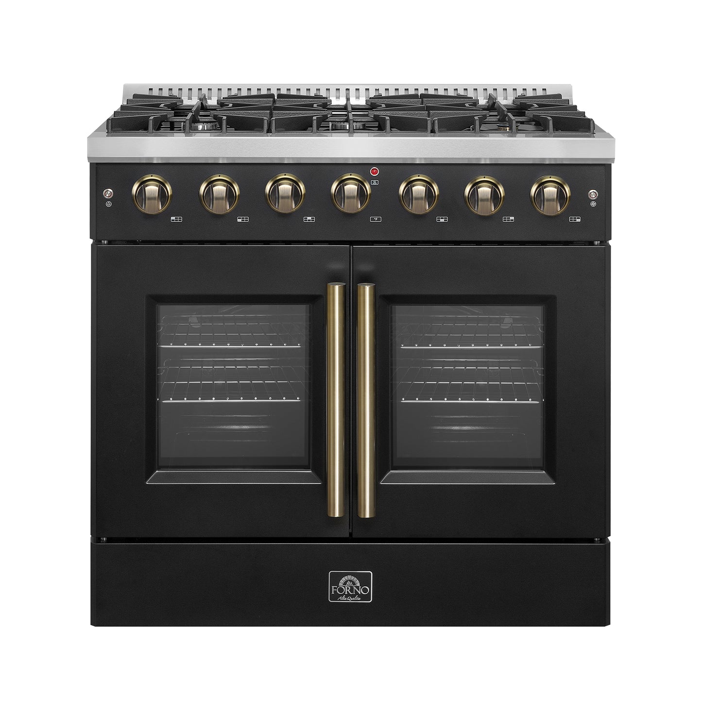 Forno Galiano 36-inch French Door Gas Range Black and Antique Brass Design, 6 Sealed Burners 83,000 BTU, 5.36 cu.ft. Convection Oven - Forno Appliances