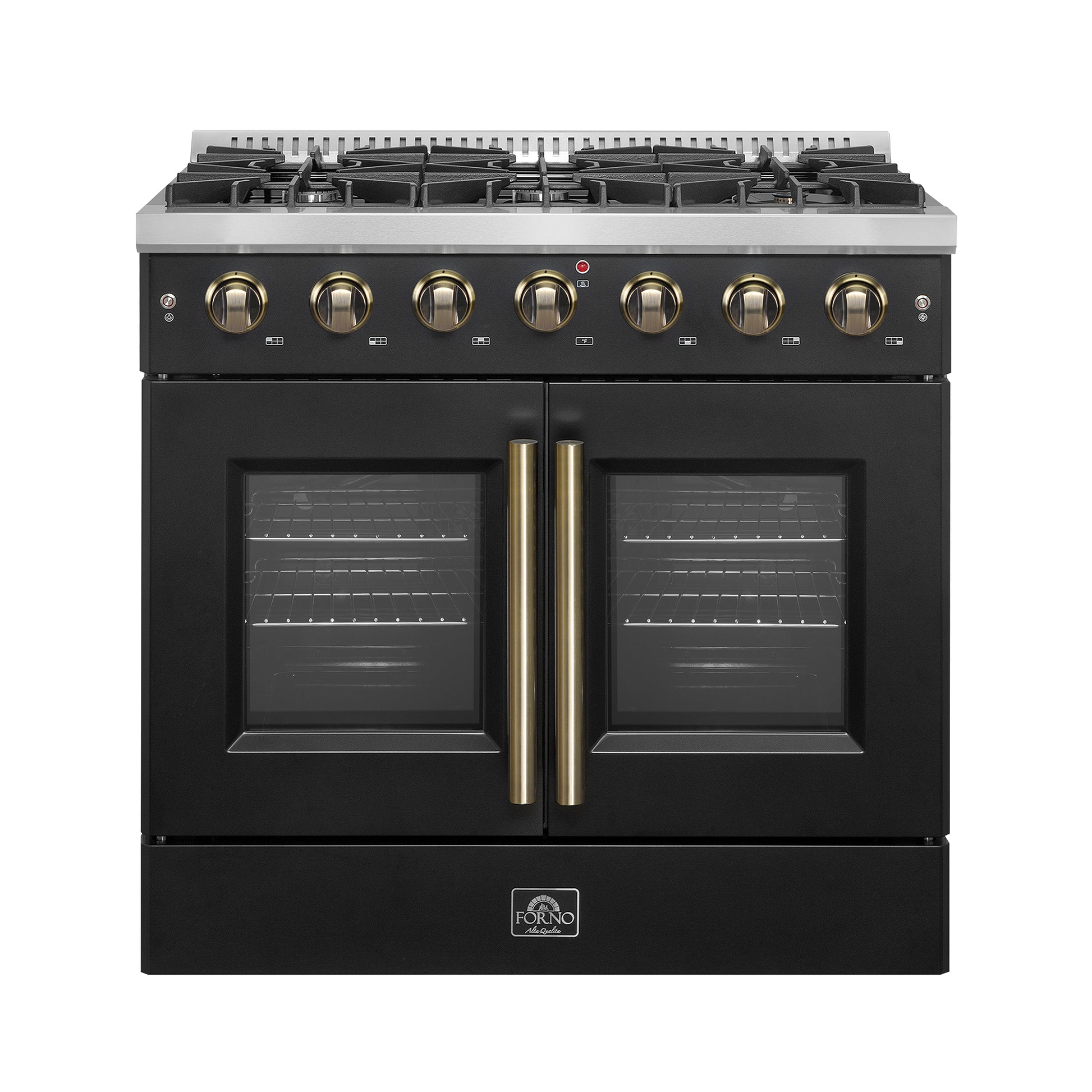 Forno Galiano 36-inch French Door Gas Range Black and Antique Brass Design, 6 Sealed Burners 83,000 BTU, 5.36 cu.ft. Convection Oven - Forno Appliances