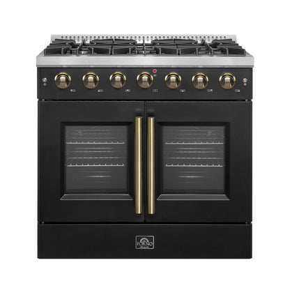Forno Galiano 36-inch French Door Gas Range Black and Antique Brass Design, 6 Sealed Burners 83,000 BTU, 5.36 cu.ft. Convection Oven - Forno Appliances