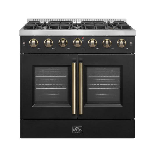 Forno Galiano 36-inch French Door Gas Range Black and Antique Brass Design, 6 Sealed Burners 83,000 BTU, 5.36 cu.ft. Convection Oven - Forno Appliances
