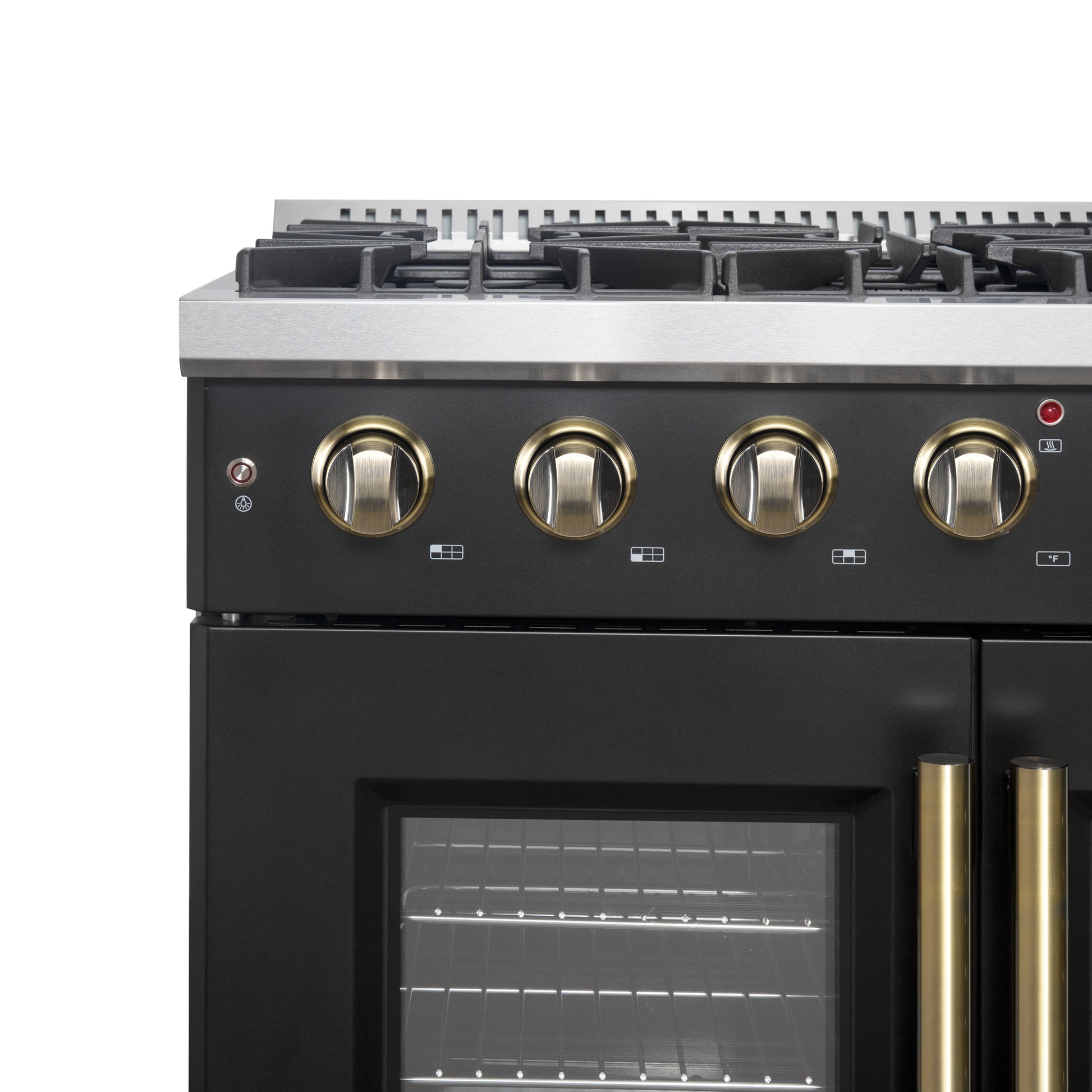 Forno Galiano 36-inch French Door Gas Range Black and Antique Brass Design, 6 Sealed Burners 83,000 BTU, 5.36 cu.ft. Convection Oven - Forno Appliances