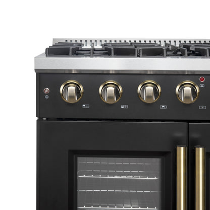 Forno Galiano 36-inch French Door Gas Range Black and Antique Brass Design, 6 Sealed Burners 83,000 BTU, 5.36 cu.ft. Convection Oven - Forno Appliances