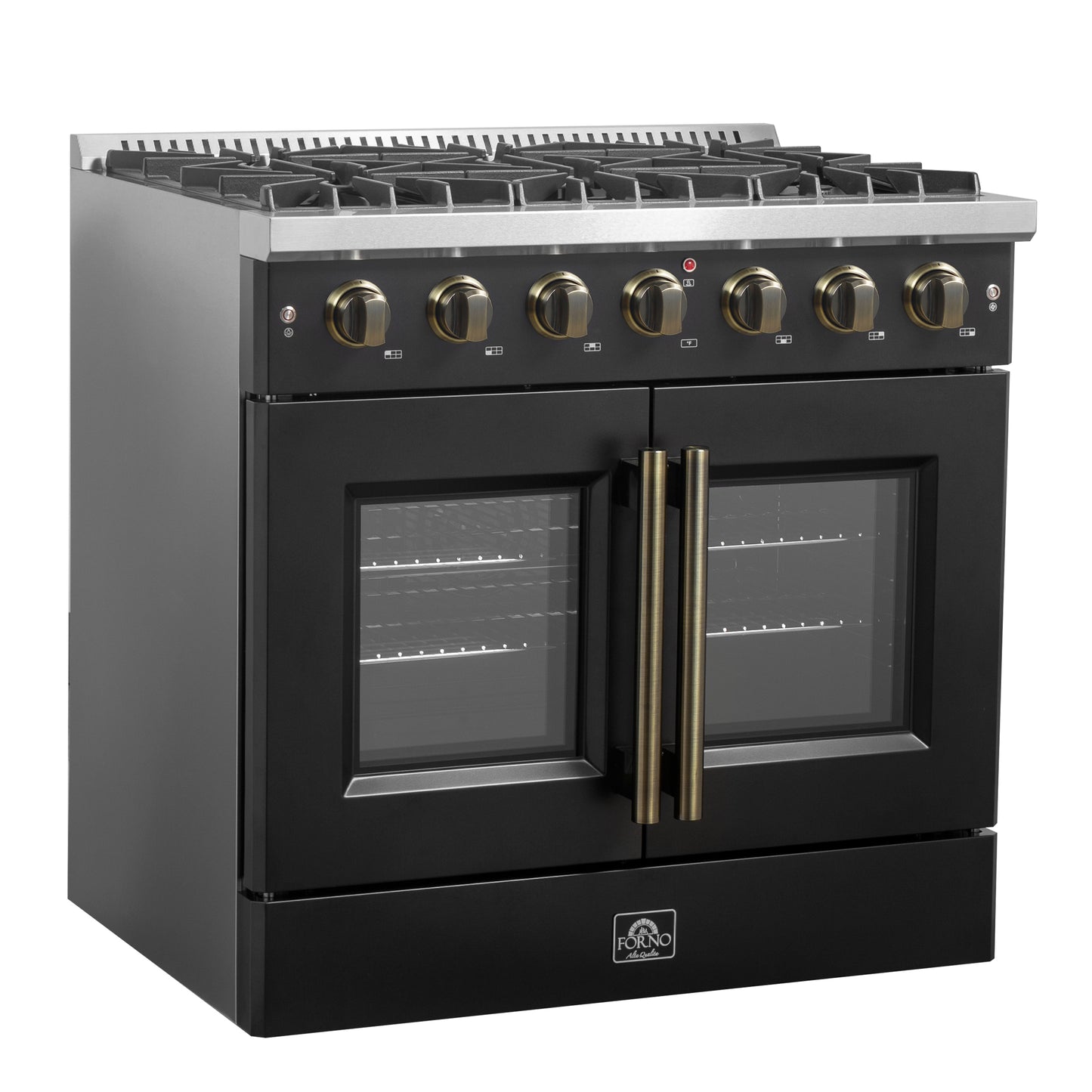 Forno Galiano 36-inch French Door Gas Range Black and Antique Brass Design, 6 Sealed Burners 83,000 BTU, 5.36 cu.ft. Convection Oven - Forno Appliances
