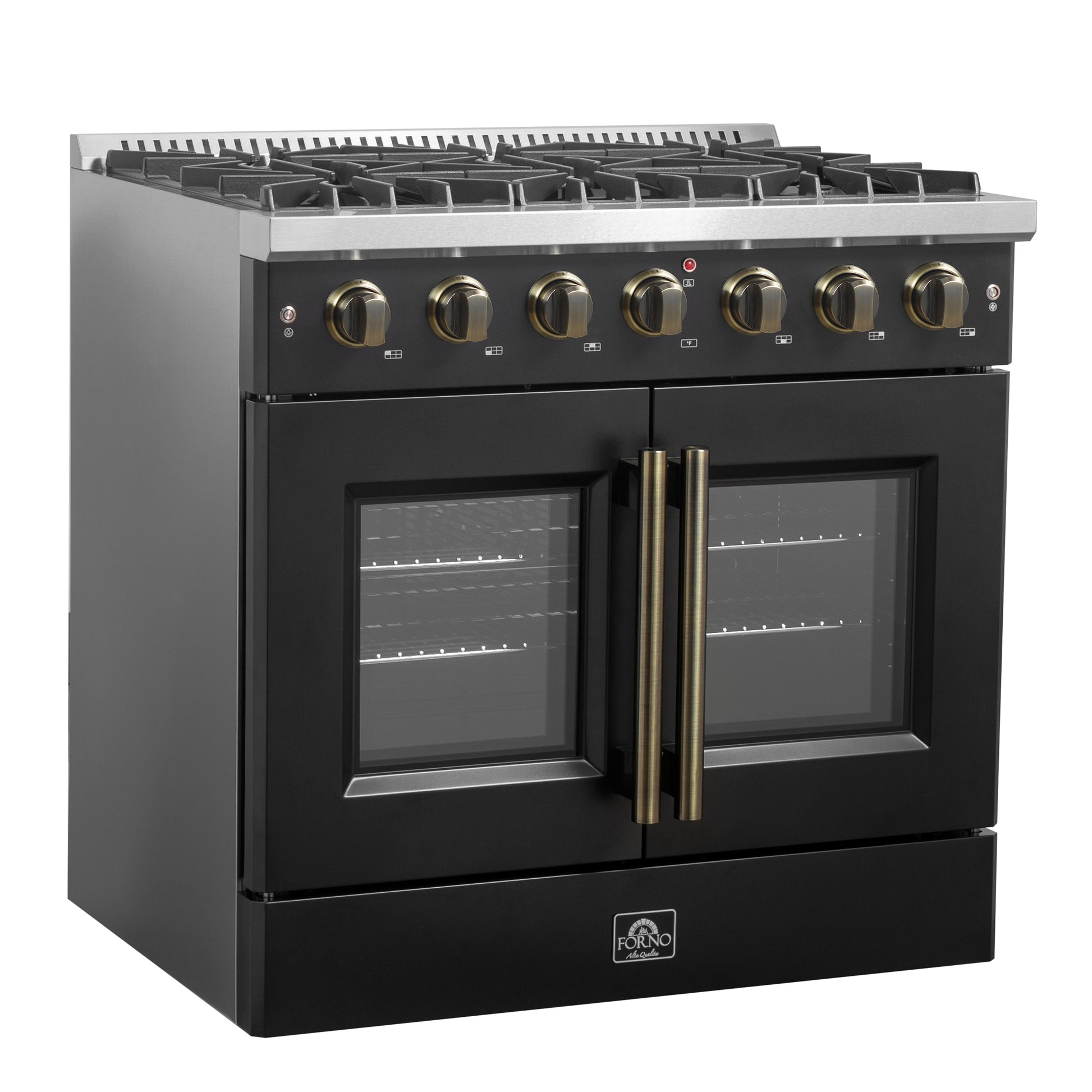 Forno Galiano 36-inch French Door Gas Range Black and Antique Brass Design, 6 Sealed Burners 83,000 BTU, 5.36 cu.ft. Convection Oven - Forno Appliances