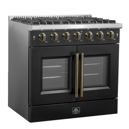 Forno Galiano 36-inch French Door Gas Range Black and Antique Brass Design, 6 Sealed Burners 83,000 BTU, 5.36 cu.ft. Convection Oven - Forno Appliances