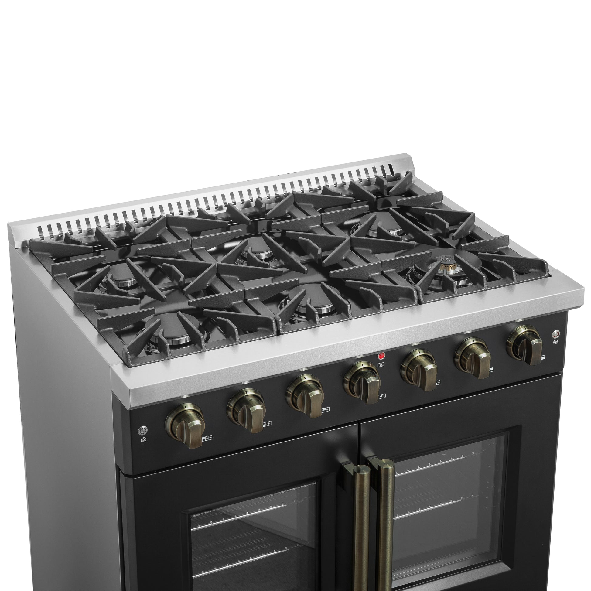 Forno Galiano 36-inch French Door Gas Range Black and Antique Brass Design, 6 Sealed Burners 83,000 BTU, 5.36 cu.ft. Convection Oven - Forno Appliances