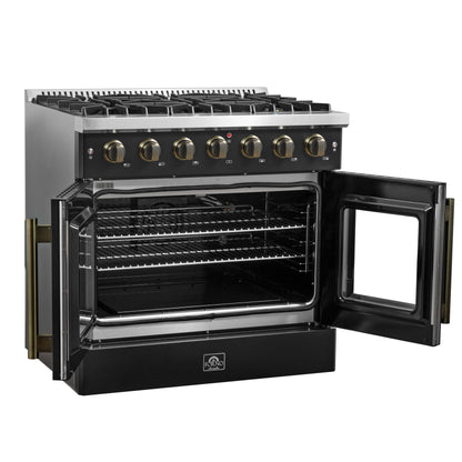 Forno Galiano 36-inch French Door Gas Range Black and Antique Brass Design, 6 Sealed Burners 83,000 BTU, 5.36 cu.ft. Convection Oven - Forno Appliances