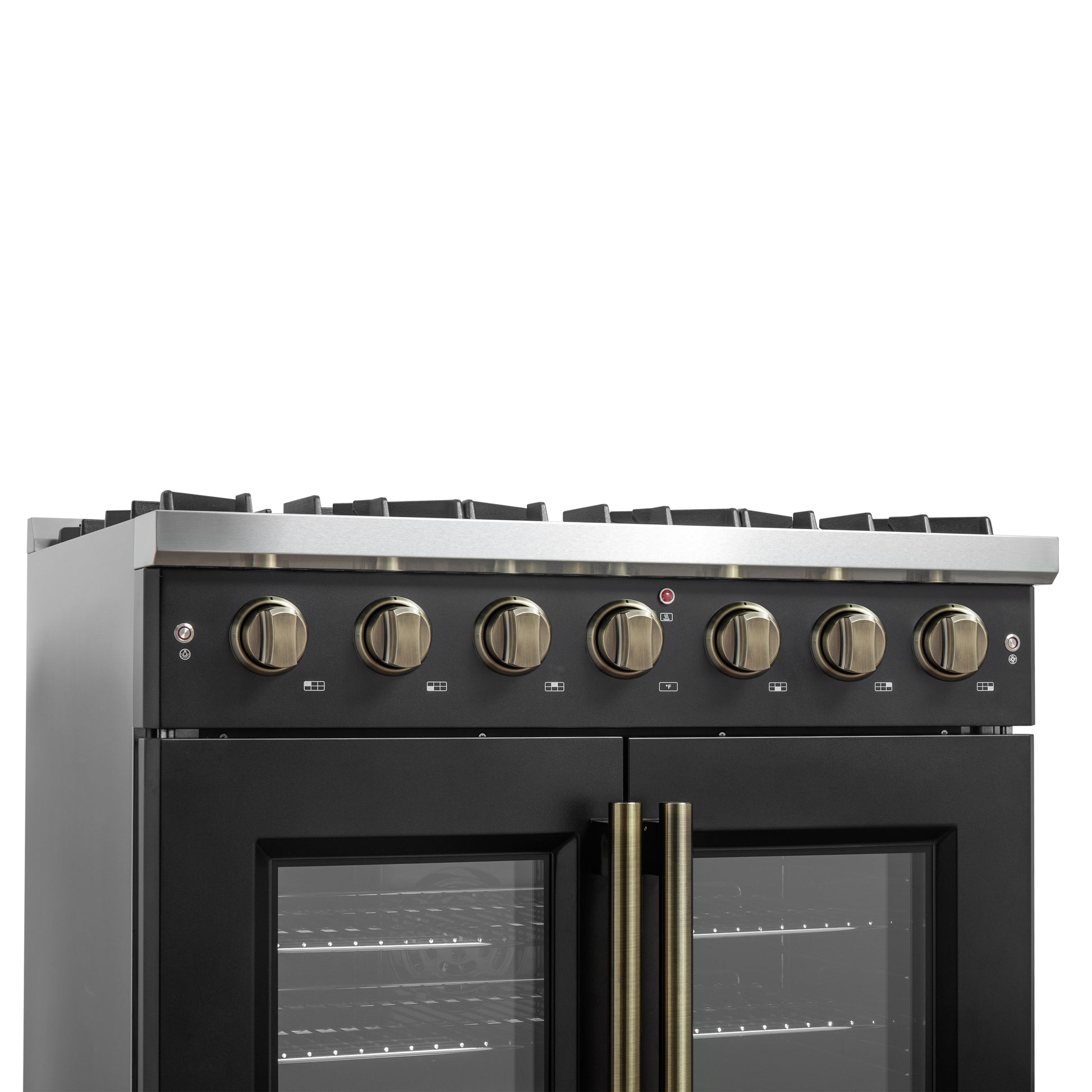 Forno Galiano 36-inch French Door Gas Range Black and Antique Brass Design, 6 Sealed Burners 83,000 BTU, 5.36 cu.ft. Convection Oven - Forno Appliances