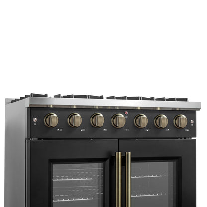 Forno Galiano 36-inch French Door Gas Range Black and Antique Brass Design, 6 Sealed Burners 83,000 BTU, 5.36 cu.ft. Convection Oven - Forno Appliances