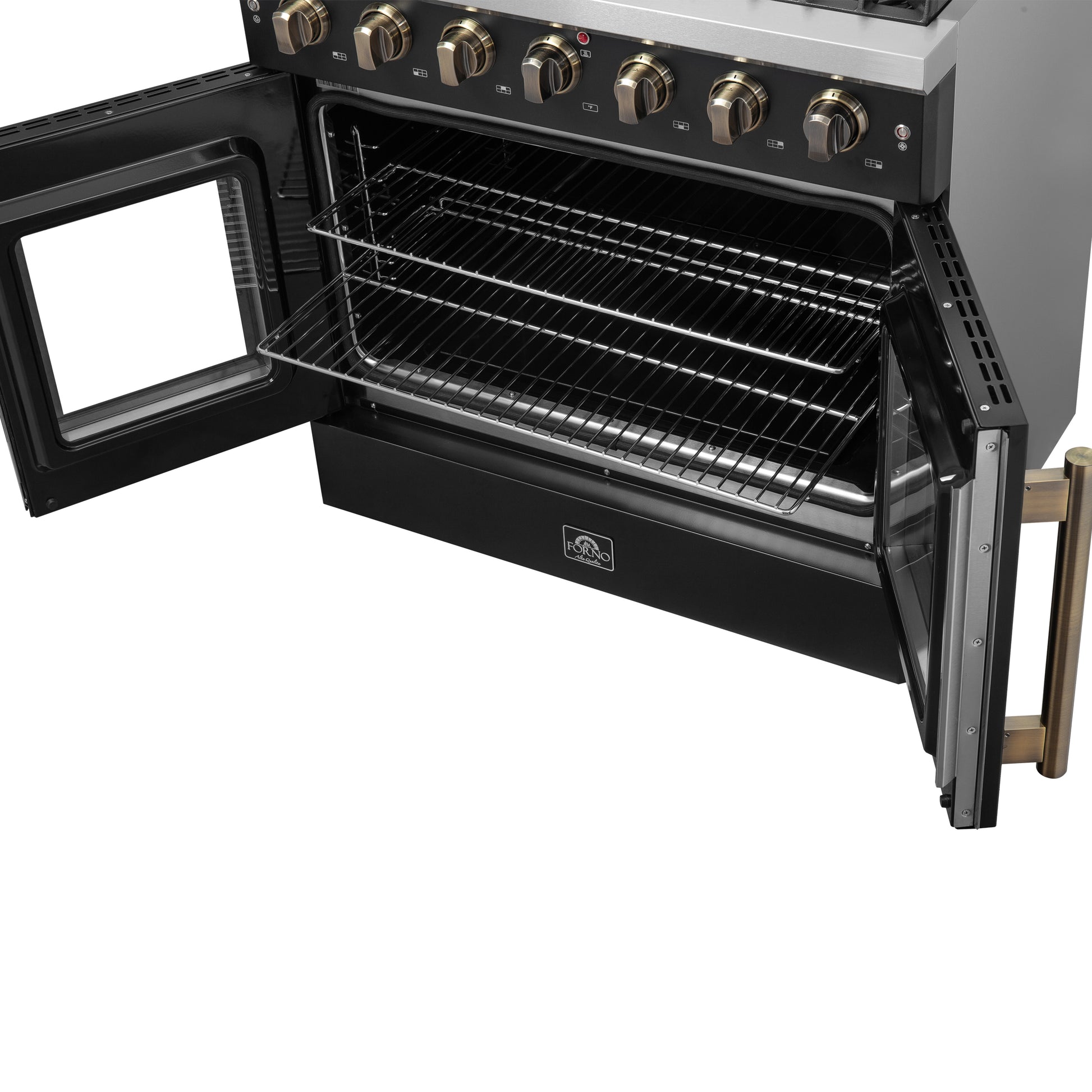 Forno Galiano 36-inch French Door Gas Range Black and Antique Brass Design, 6 Sealed Burners 83,000 BTU, 5.36 cu.ft. Convection Oven - Forno Appliances