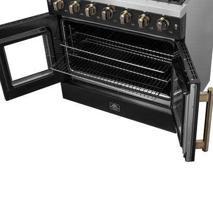Forno Galiano 36-inch French Door Gas Range Black and Antique Brass Design, 6 Sealed Burners 83,000 BTU, 5.36 cu.ft. Convection Oven - Forno Appliances