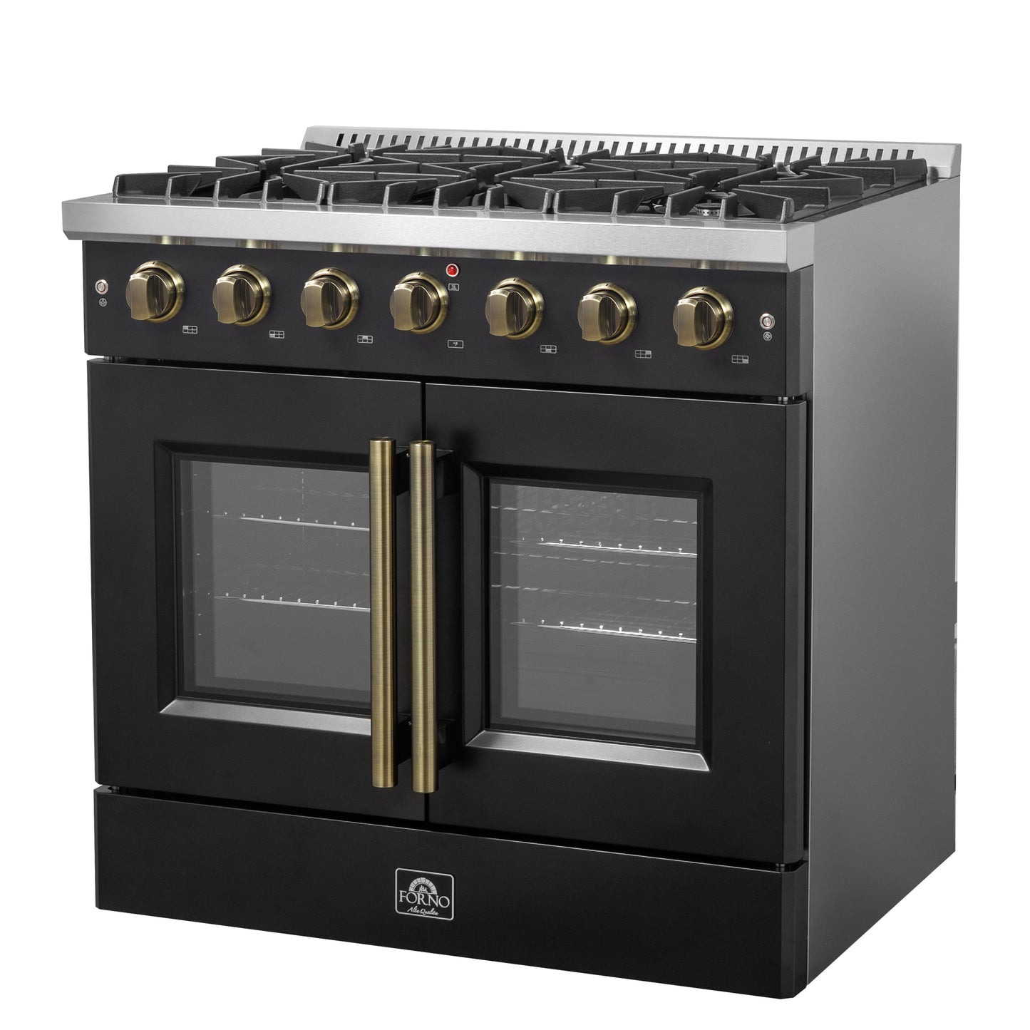 Forno Galiano 36-inch French Door Gas Range Black and Antique Brass Design, 6 Sealed Burners 83,000 BTU, 5.36 cu.ft. Convection Oven - Forno Appliances