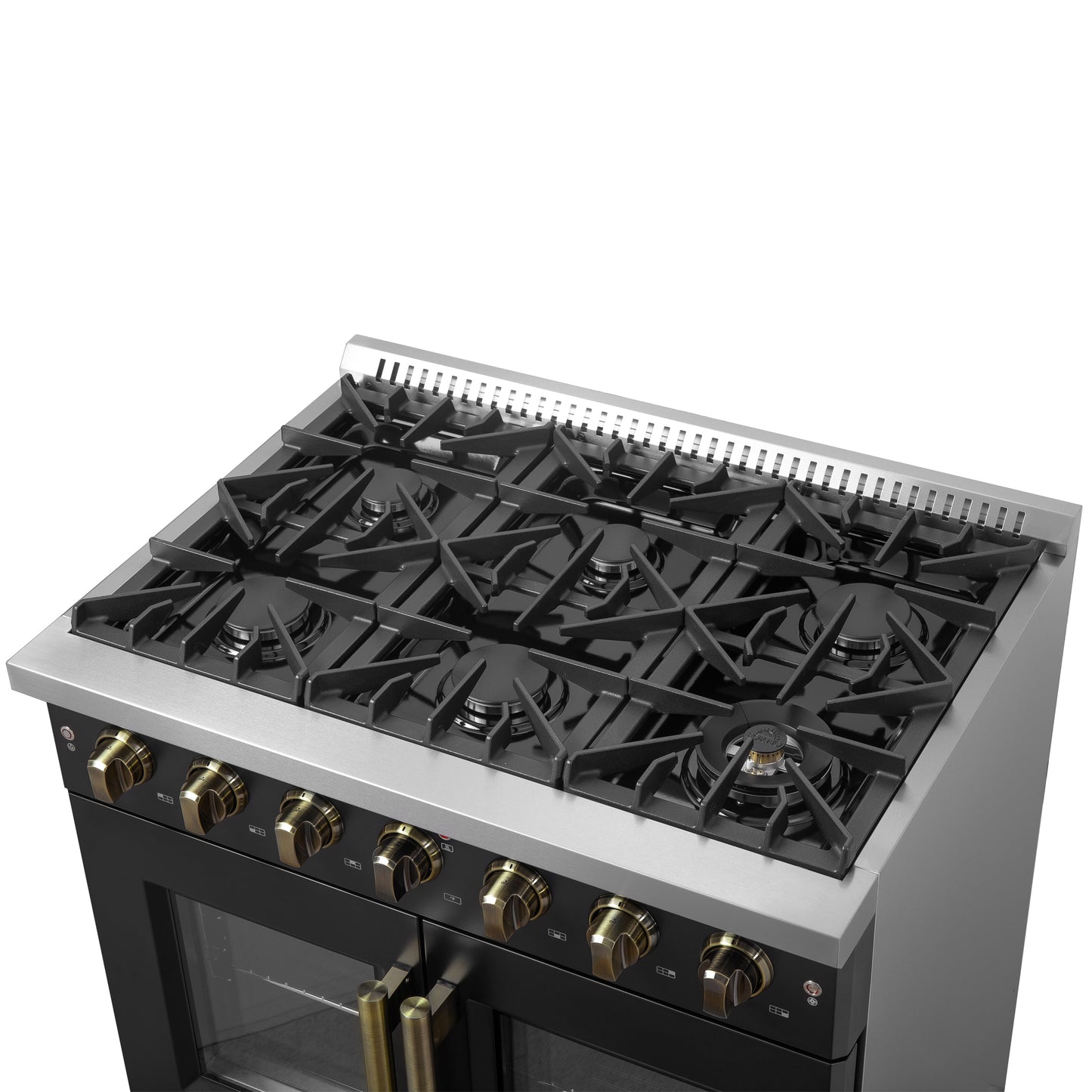 Forno Galiano 36-inch French Door Gas Range Black and Antique Brass Design, 6 Sealed Burners 83,000 BTU, 5.36 cu.ft. Convection Oven - Forno Appliances