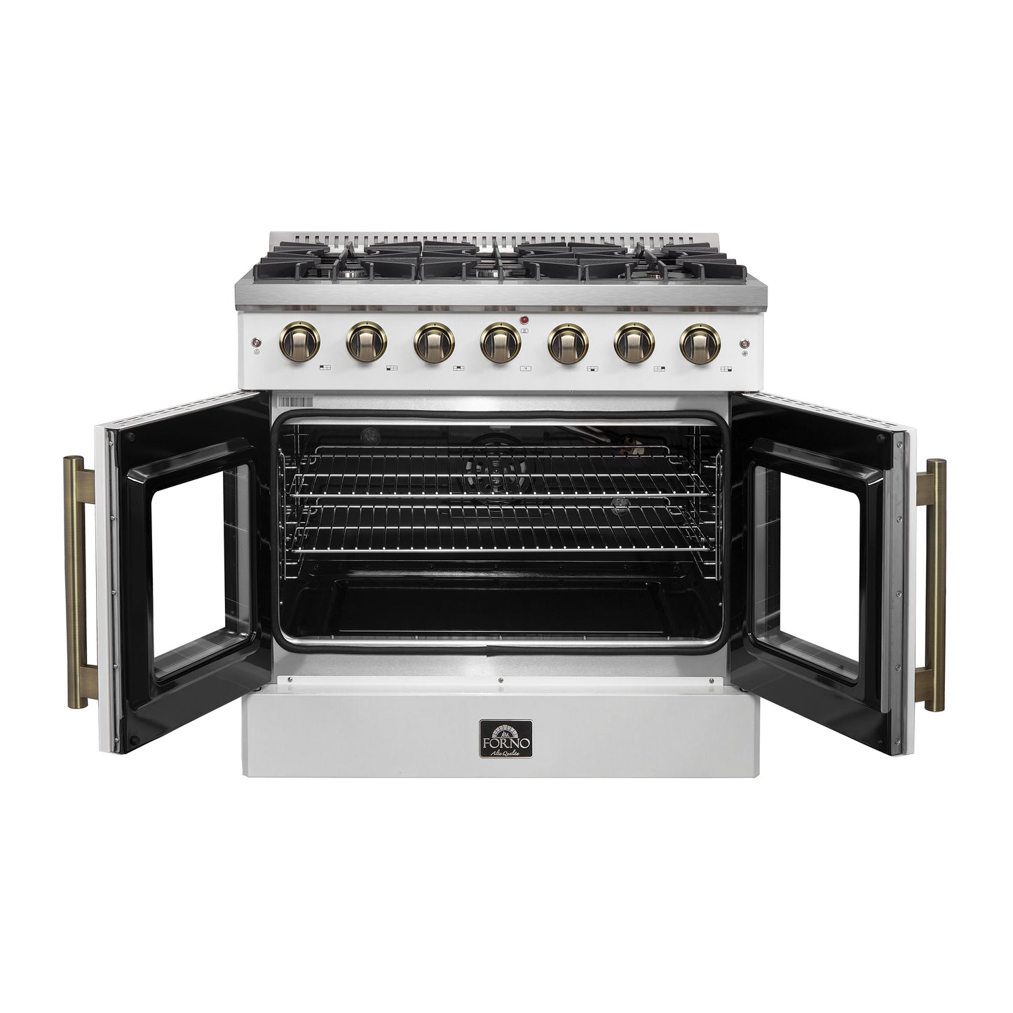 Forno Galiano 36-inch French Door Gas Range White and Antique Brass Design, 6 Sealed Burners 83,000 BTU, 5.36 cu.ft. Convection Oven - Forno Appliances