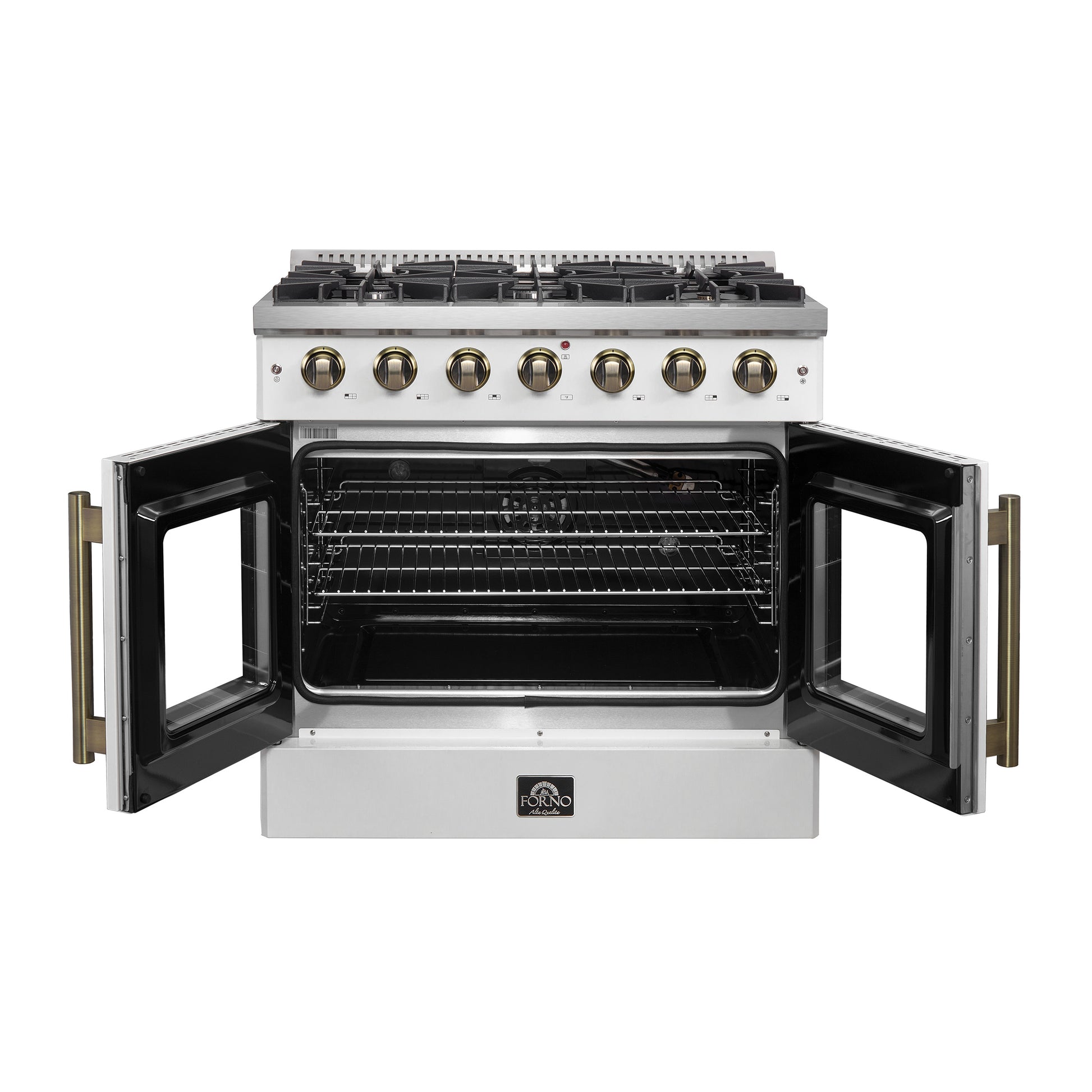 Forno Galiano 36-inch French Door Gas Range White and Antique Brass Design, 6 Sealed Burners 83,000 BTU, 5.36 cu.ft. Convection Oven - Forno Appliances