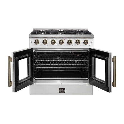 Forno Galiano 36-inch French Door Gas Range White and Antique Brass Design, 6 Sealed Burners 83,000 BTU, 5.36 cu.ft. Convection Oven - Forno Appliances