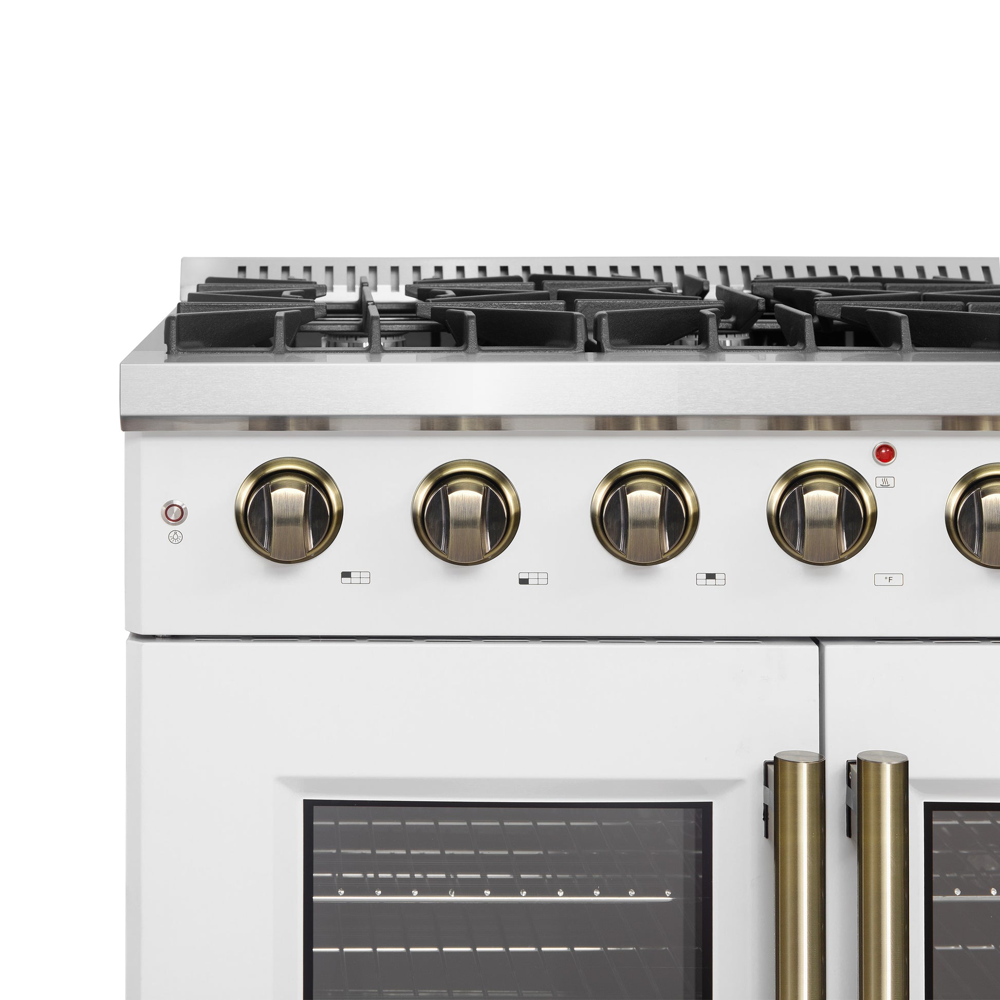 Forno Galiano 36-inch French Door Gas Range White and Antique Brass Design, 6 Sealed Burners 83,000 BTU, 5.36 cu.ft. Convection Oven - Forno Appliances
