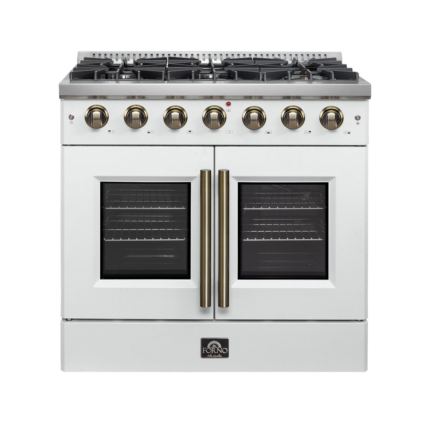 Forno Galiano 36-inch French Door Gas Range White and Antique Brass Design, 6 Sealed Burners 83,000 BTU, 5.36 cu.ft. Convection Oven - Forno Appliances