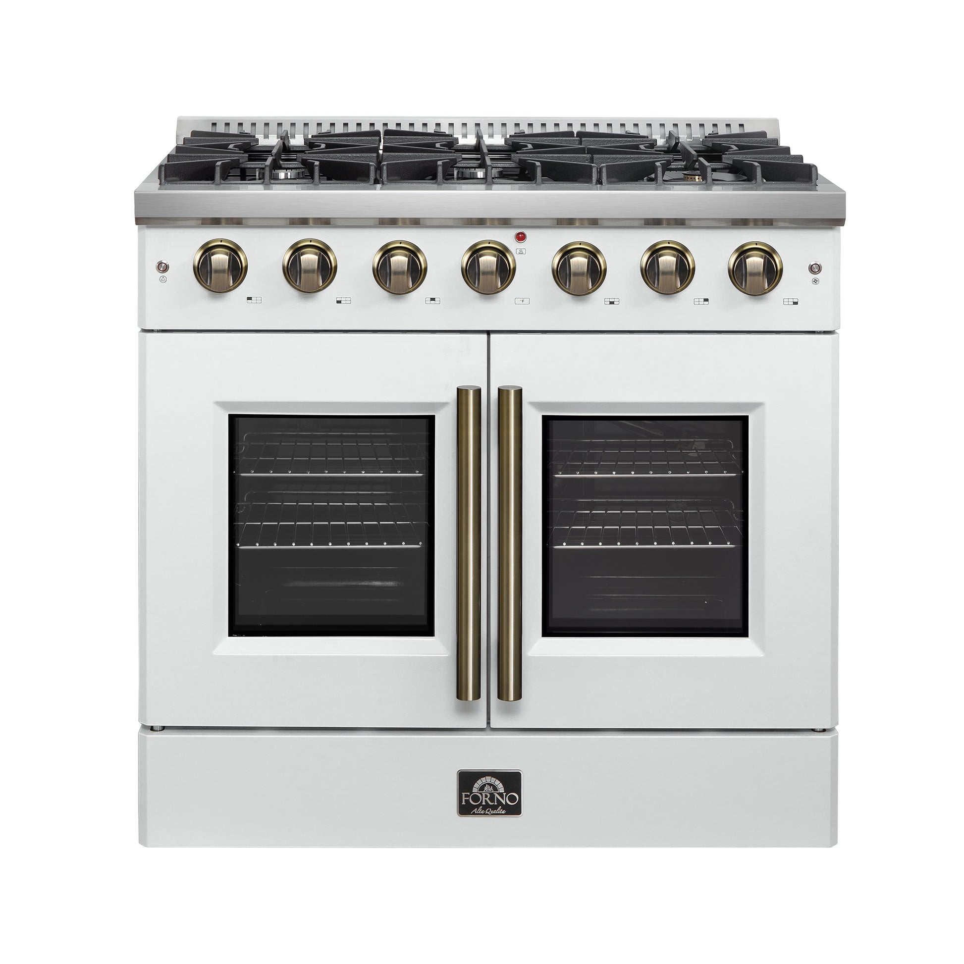 Forno Galiano 36-inch French Door Gas Range White and Antique Brass Design, 6 Sealed Burners 83,000 BTU, 5.36 cu.ft. Convection Oven - Forno Appliances