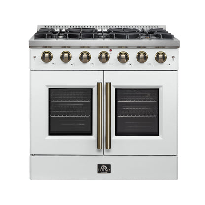 Forno Galiano 36-inch French Door Gas Range White and Antique Brass Design, 6 Sealed Burners 83,000 BTU, 5.36 cu.ft. Convection Oven - Forno Appliances